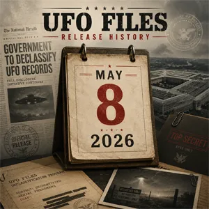 UFO Files Release History - May 8, 2026 calendar with declassified documents