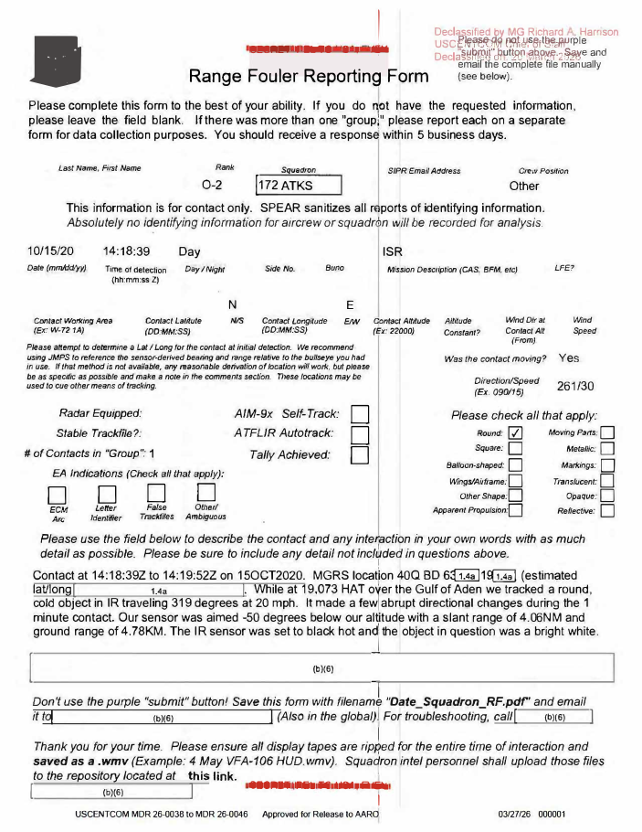 DOW-UAP-D44, Range Fouler Reporting Form, Gulf of Aden, October 2020