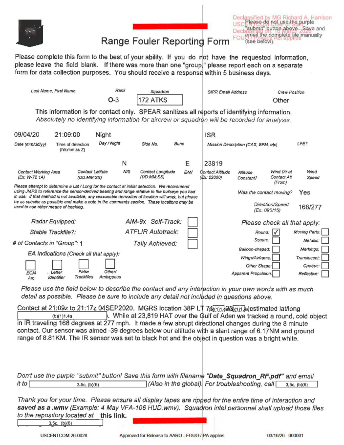 DOW-UAP-D57, Range Fouler Reporting Form, Gulf of Aden, September 2020