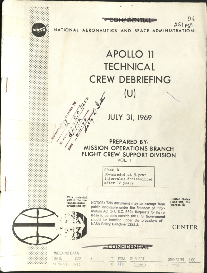 Cover of NASA-UAP-D4, Apollo 11 Technical Crew Debriefing, 1969