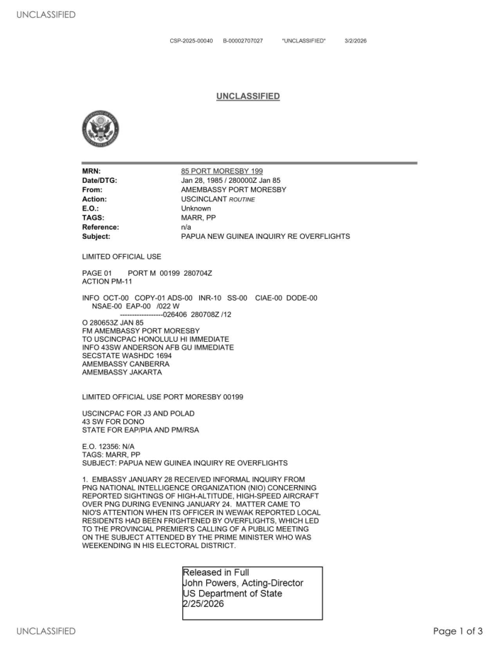 State Department UAP Cable 1, Papua New Guinea, January 28, 1985