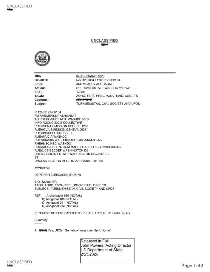 State Department UAP Cable 4, Ashgabat, Turkmenistan, November 5, 2004
